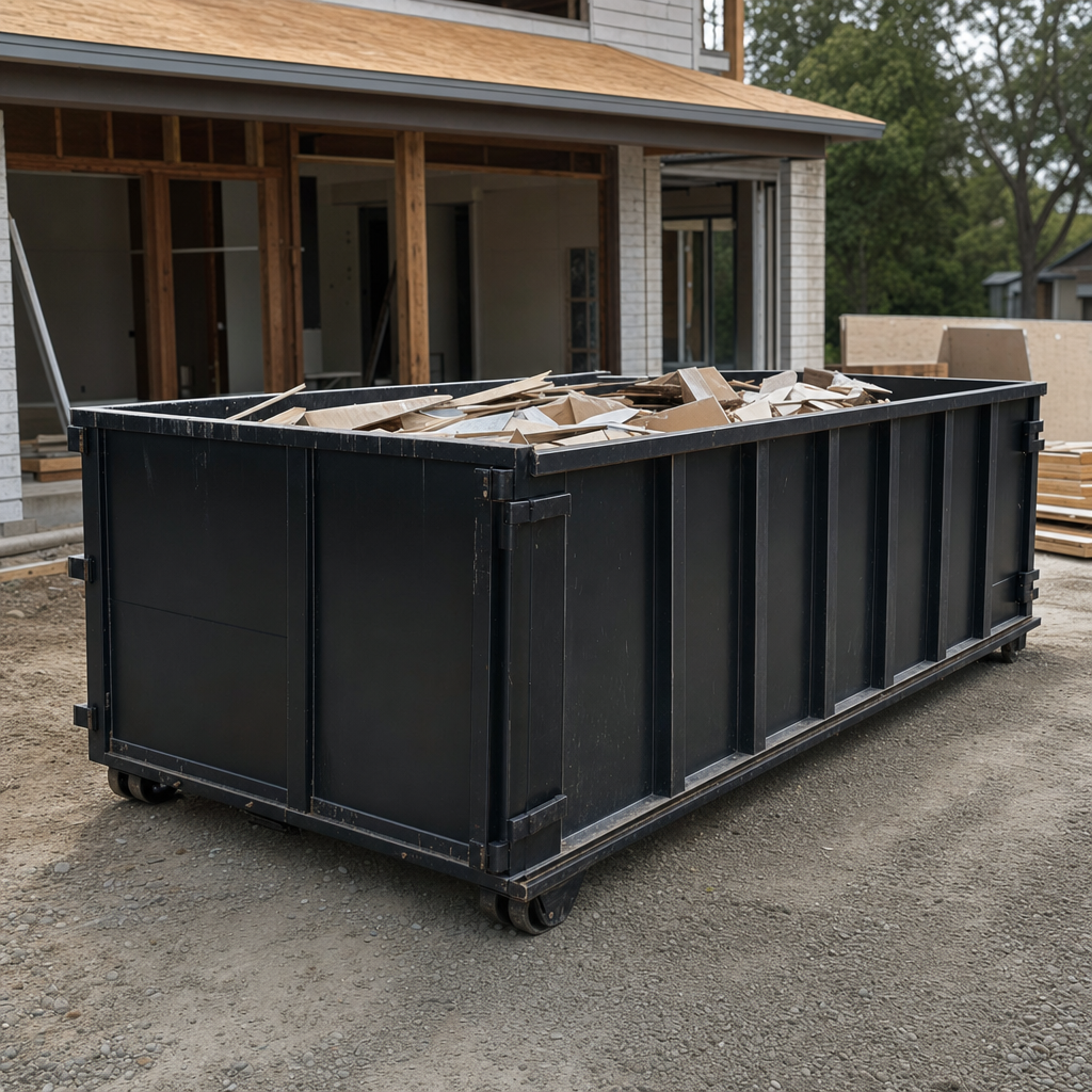 Large matte-black 30-yard construction roll-off dumpster at an active Louisville jobsite, steel-gray top rails and bottom rollers visible, loaded with construction debris.