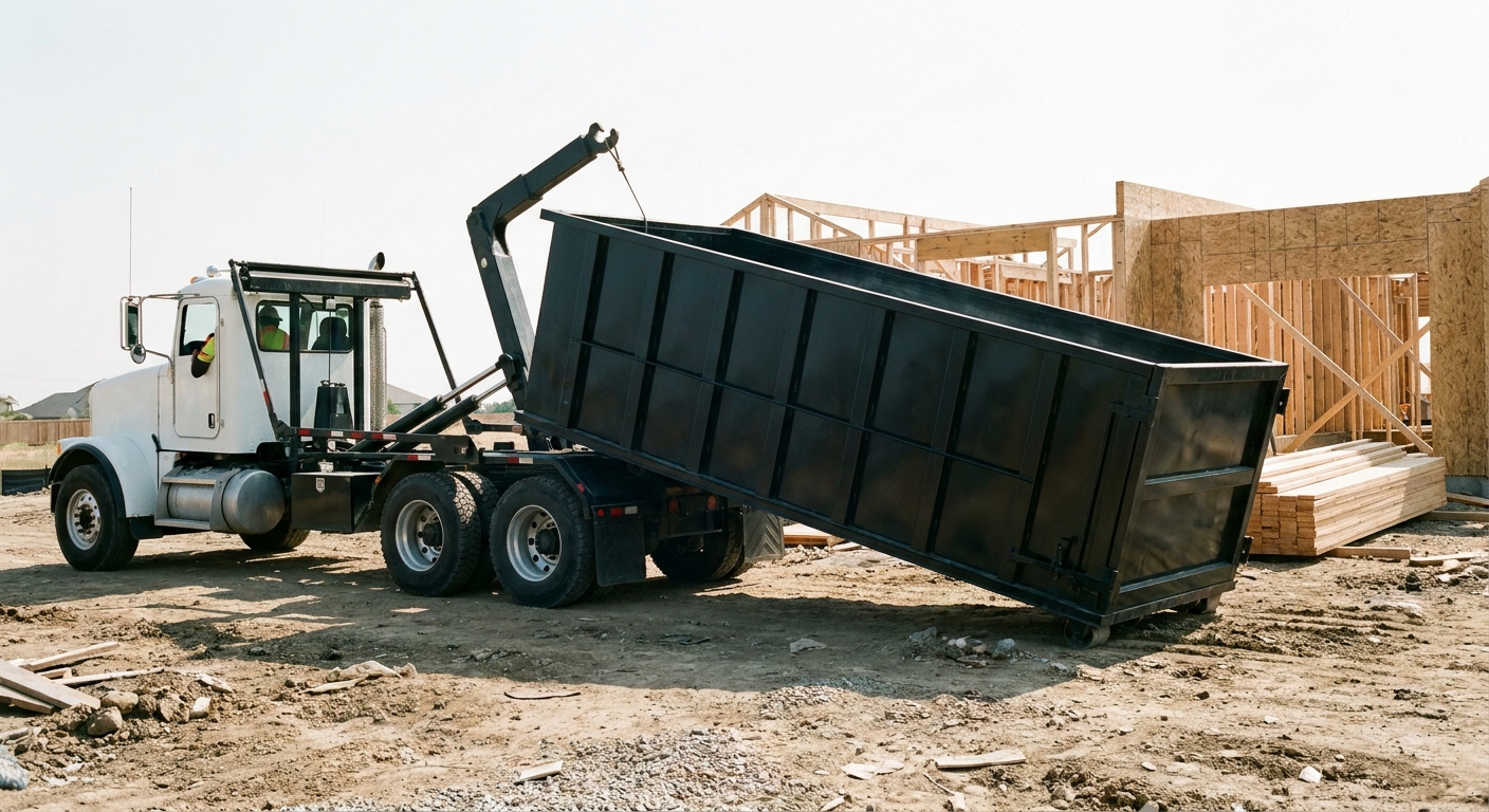 Matte-black roll-off dumpster being delivered onto a clean residential concrete driveway in Louisville by an unmarked white hooklift hauler truck, bright morning daylight, documentary 35mm perspective.